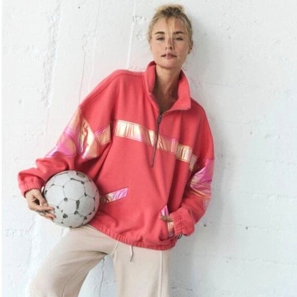 NWT Free‎ People Oversized Away We Go Half Zip Pullover in Pink Hibiscus XL - Picture 3 of 7